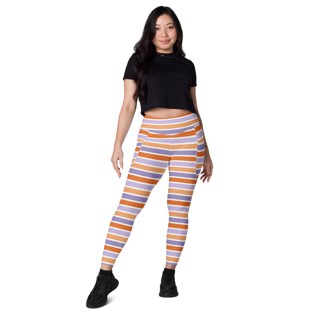 Women’s Orange Purple Striped Candy Cane Halloween Yoga Leggings With Pockets – High-Waisted, Soft Compression Active Pants
