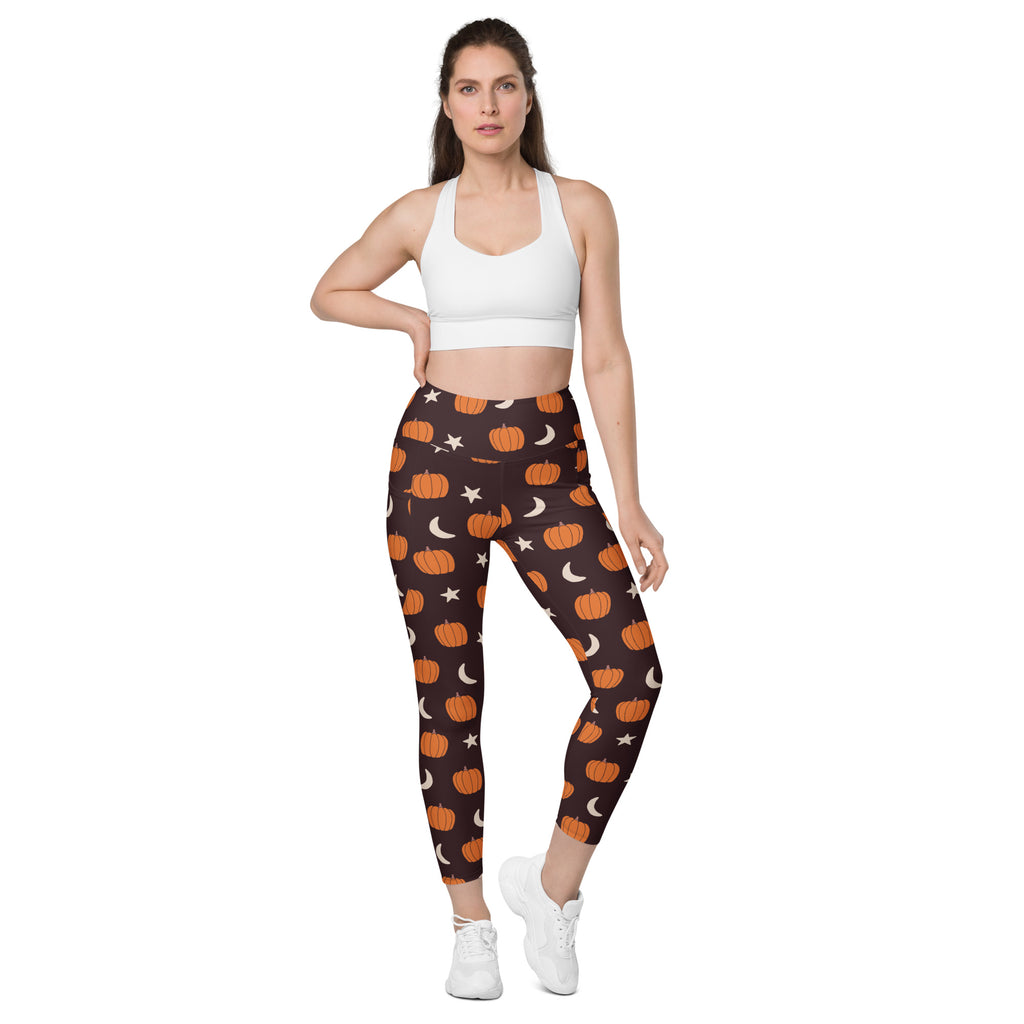 Women’s Orange Pumpkin Moon Halloween Yoga Leggings With Pockets – High-Waisted, Soft Compression Active Pants