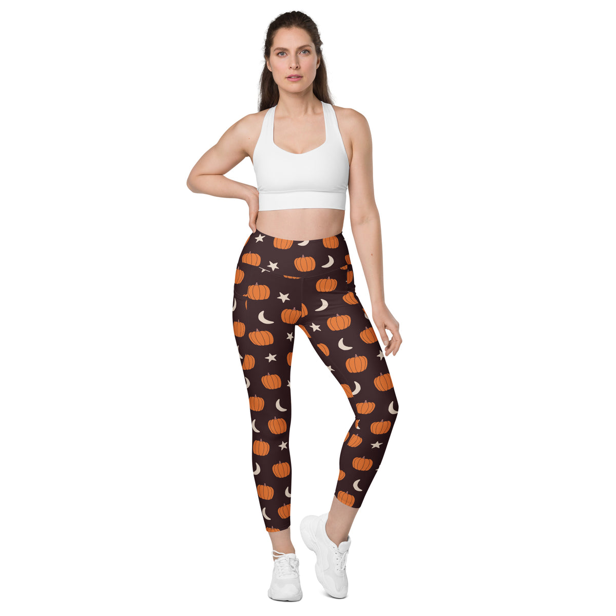 Women’s Orange Pumpkin Moon Halloween Yoga Leggings With Pockets – High-Waisted, Soft Compression Active Pants