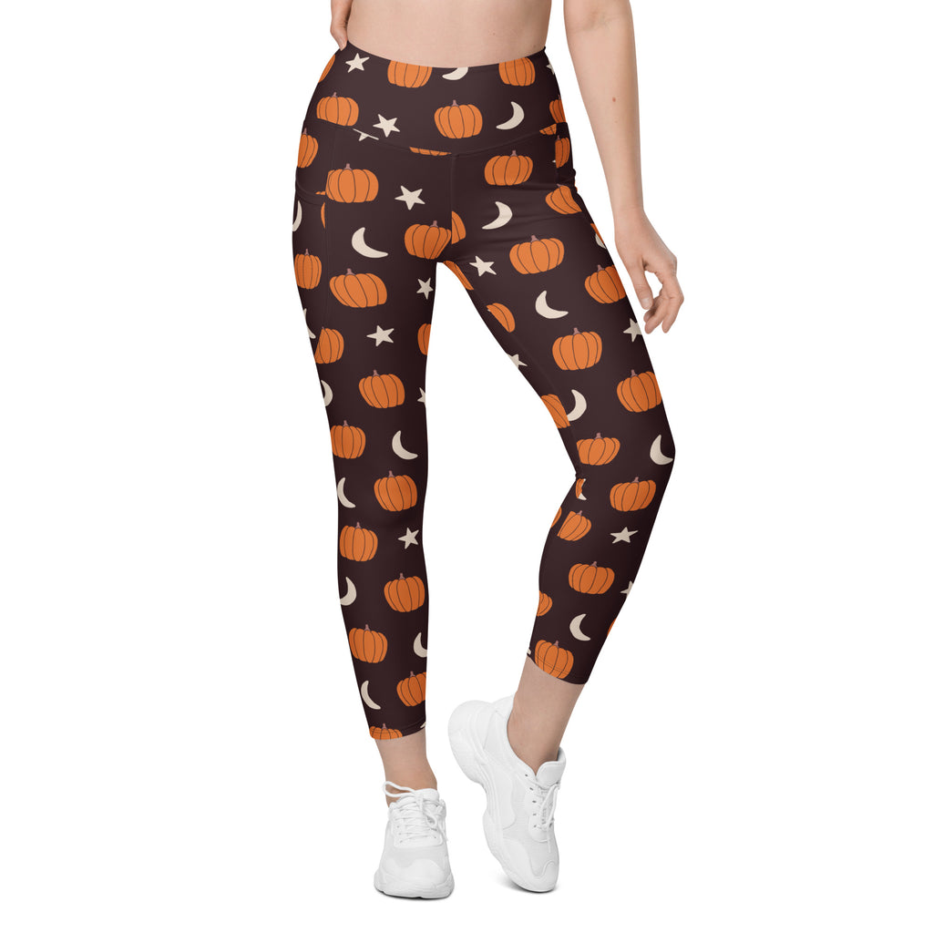 Women’s Orange Pumpkin Moon Halloween Yoga Leggings With Pockets – High-Waisted, Soft Compression Active Pants
