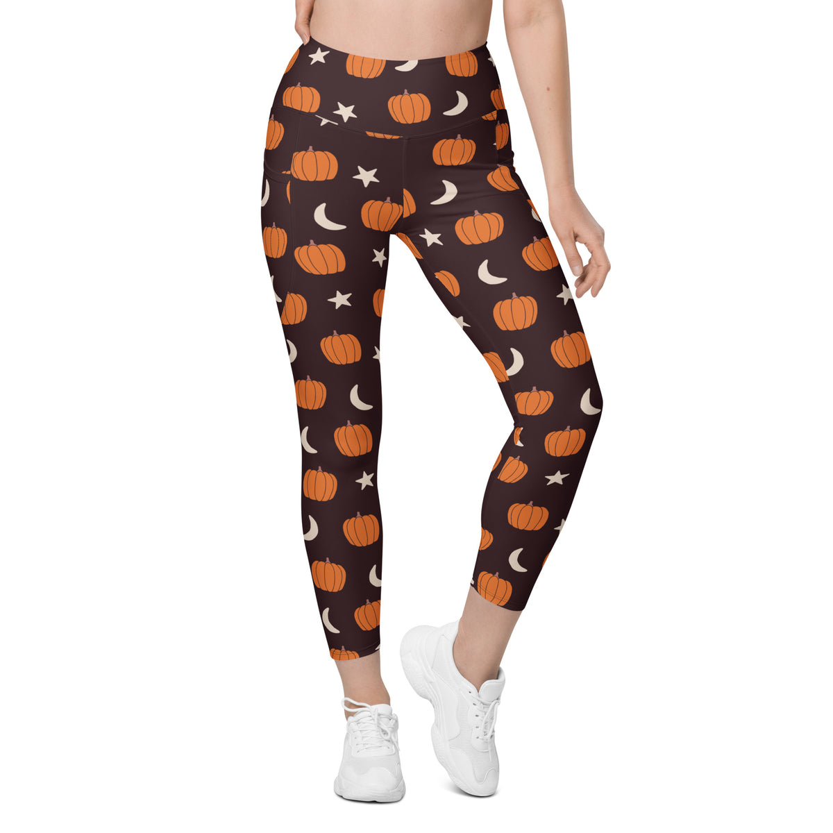 Women’s Orange Pumpkin Moon Halloween Yoga Leggings With Pockets – High-Waisted, Soft Compression Active Pants