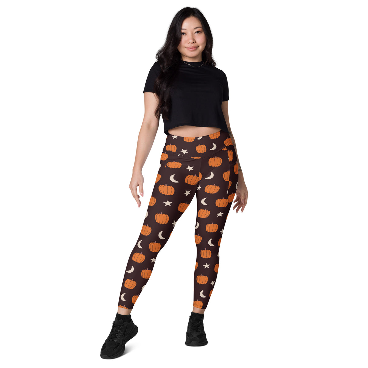 Women’s Orange Pumpkin Moon Halloween Yoga Leggings With Pockets – High-Waisted, Soft Compression Active Pants