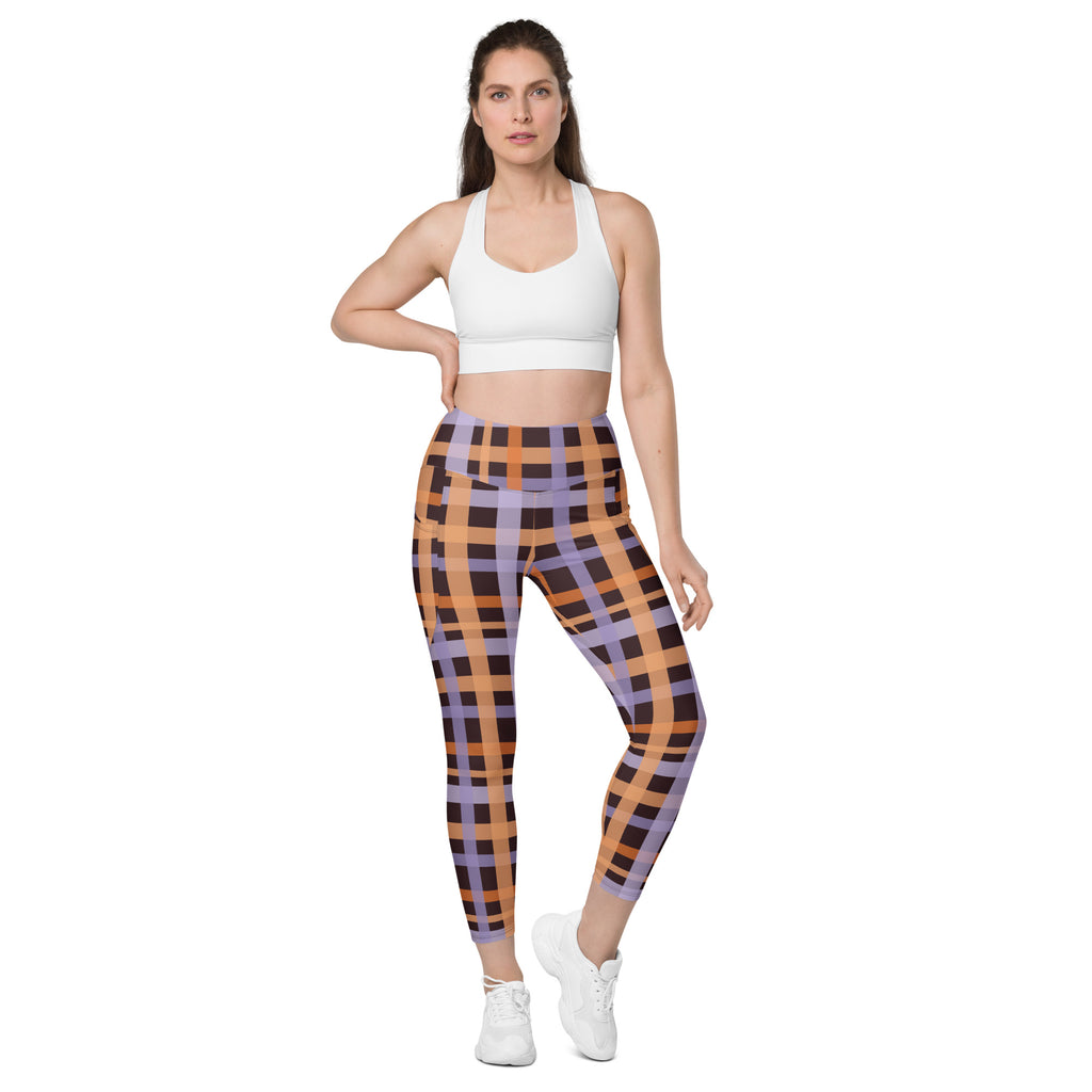 Women’s Orange Purple Plaid Halloween Yoga Leggings With Pockets – High-Waisted, Soft Compression Active Pants