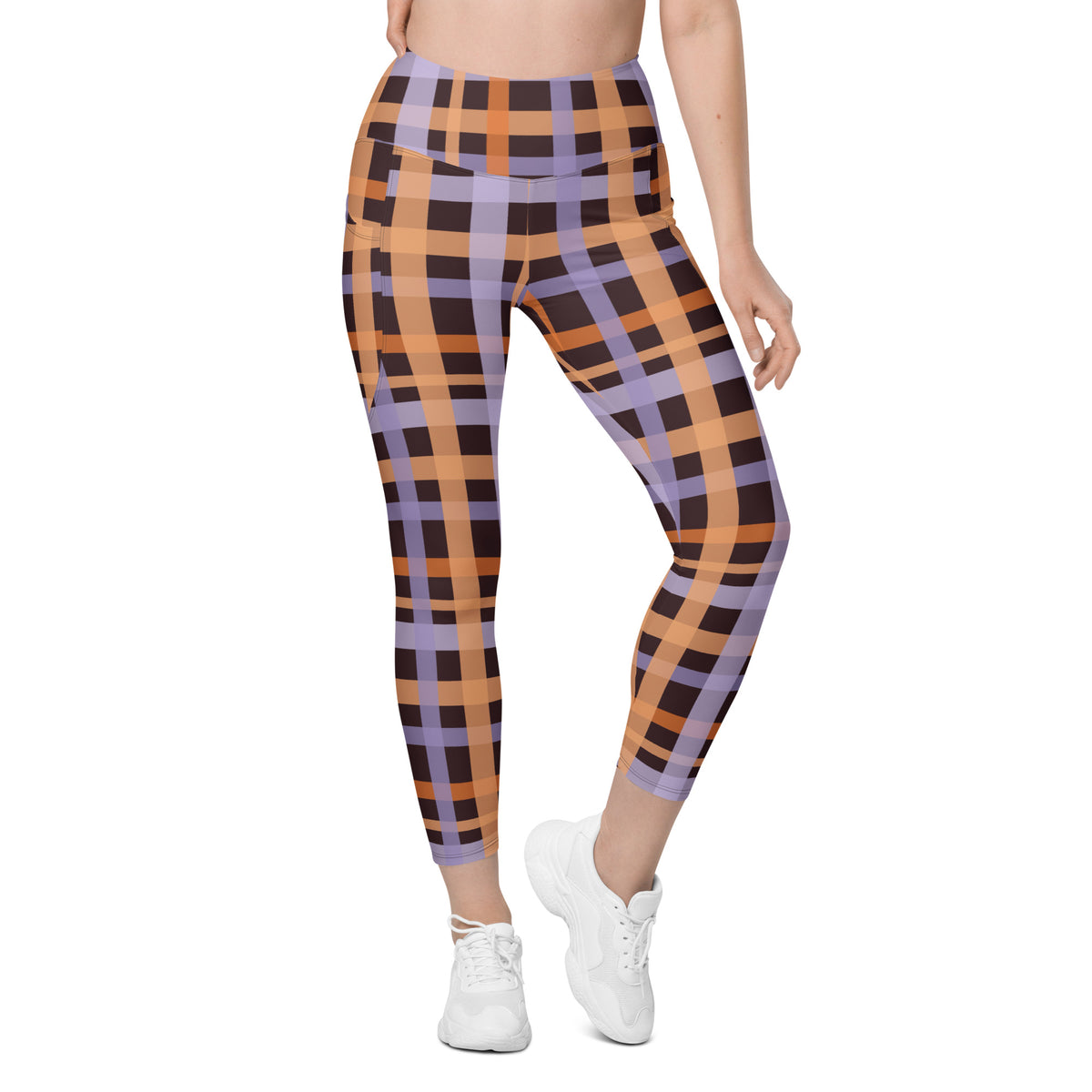 Women’s Orange Purple Plaid Halloween Yoga Leggings With Pockets – High-Waisted, Soft Compression Active Pants