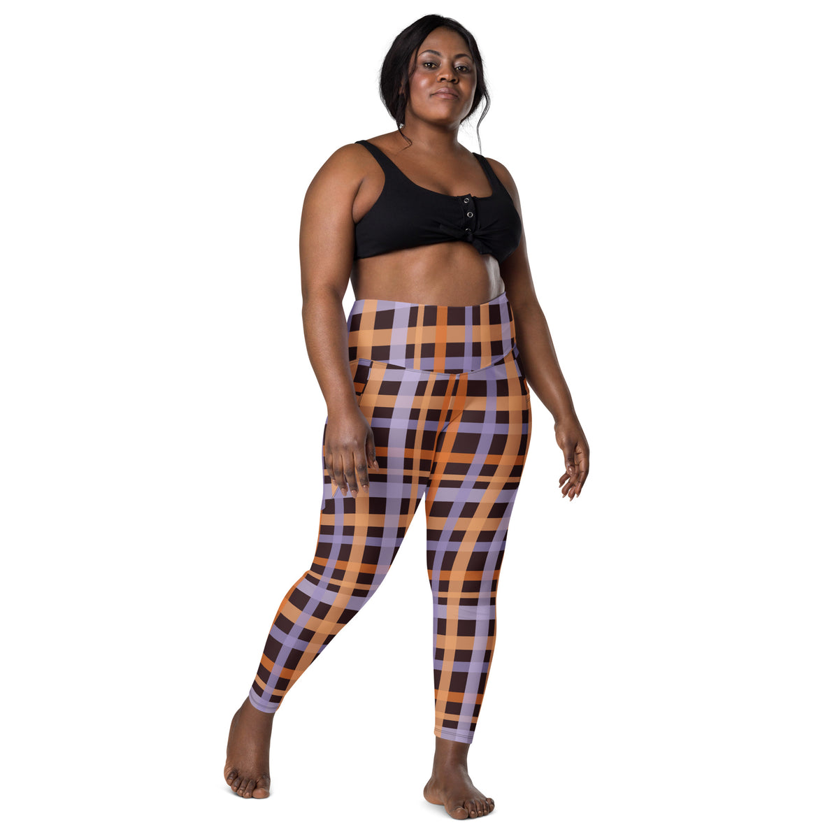 Women’s Orange Purple Plaid Halloween Yoga Leggings With Pockets – High-Waisted, Soft Compression Active Pants