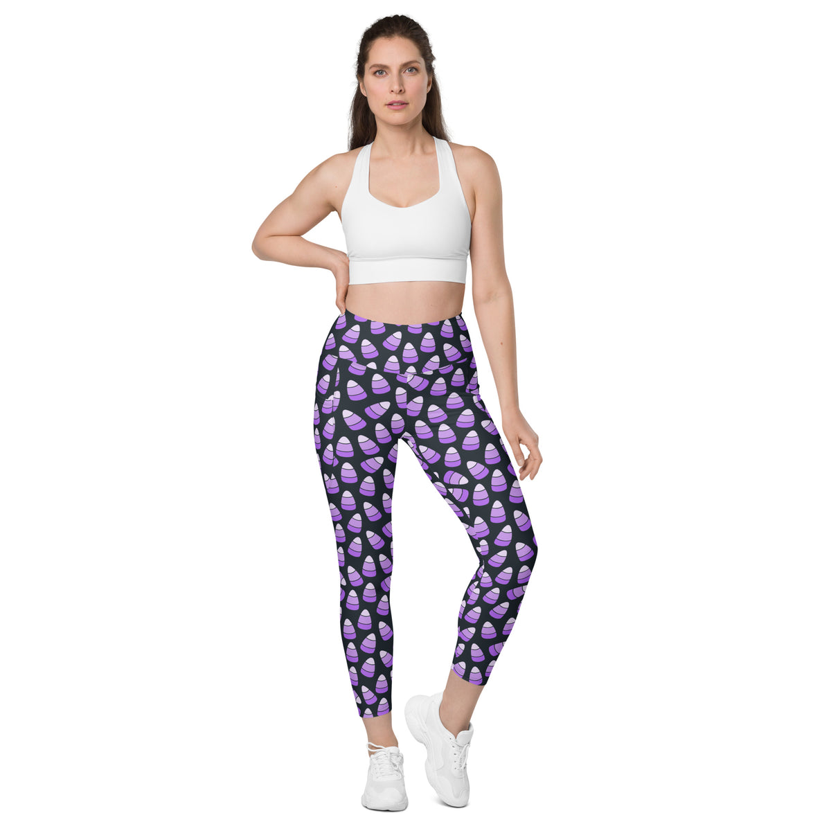 Women’s Purple Candy Corn Halloween Yoga Leggings With Pockets – High-Waisted, Soft Compression Active Pants