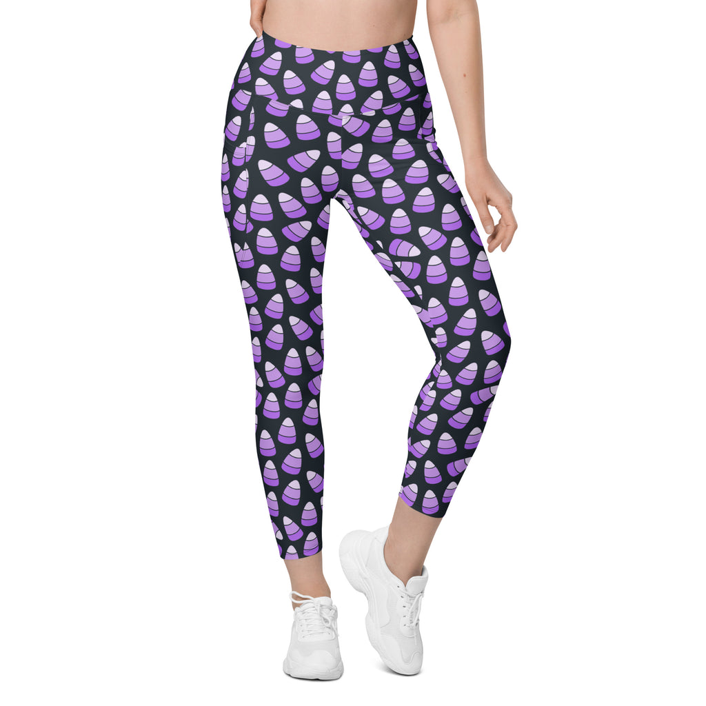 Women’s Purple Candy Corn Halloween Yoga Leggings With Pockets – High-Waisted, Soft Compression Active Pants