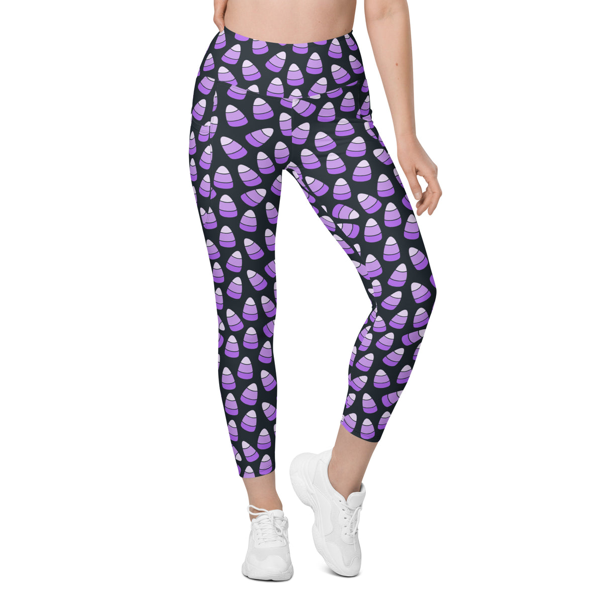 Women’s Purple Candy Corn Halloween Yoga Leggings With Pockets – High-Waisted, Soft Compression Active Pants