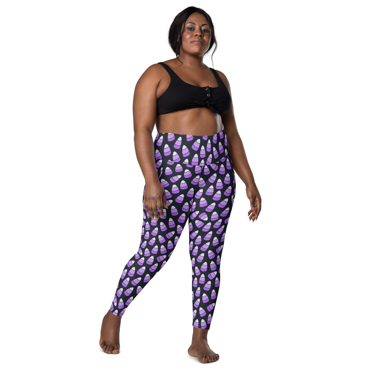 Women’s Purple Candy Corn Halloween Yoga Leggings With Pockets – High-Waisted, Soft Compression Active Pants
