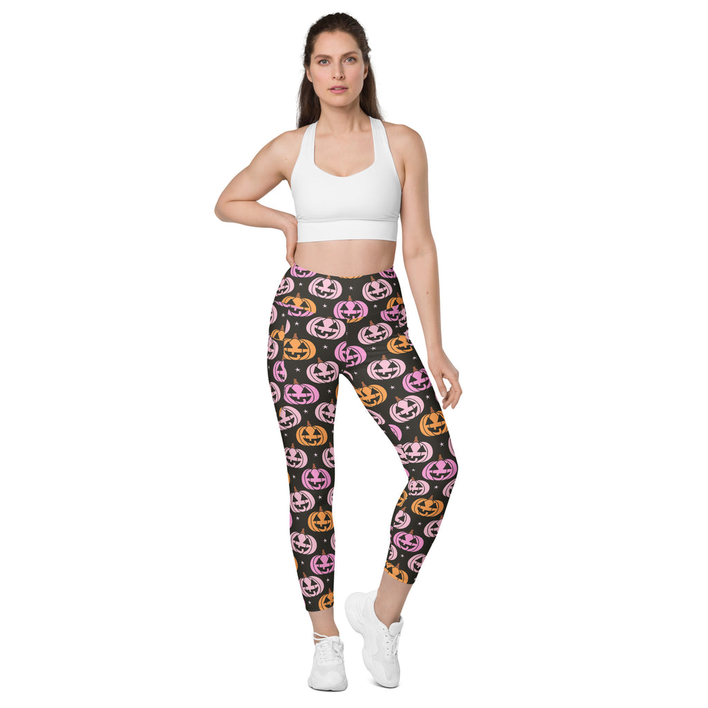 Women’s Pink Pumpkin Halloween Yoga Leggings With Pockets – High-Waisted, Soft Compression Active Pants