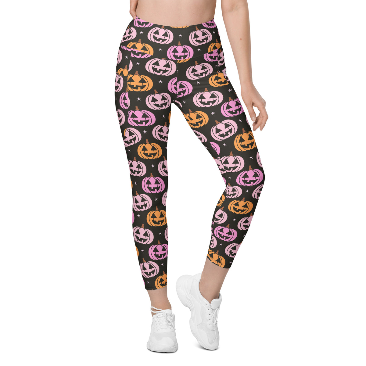 Women’s Pink Pumpkin Halloween Yoga Leggings With Pockets – High-Waisted, Soft Compression Active Pants