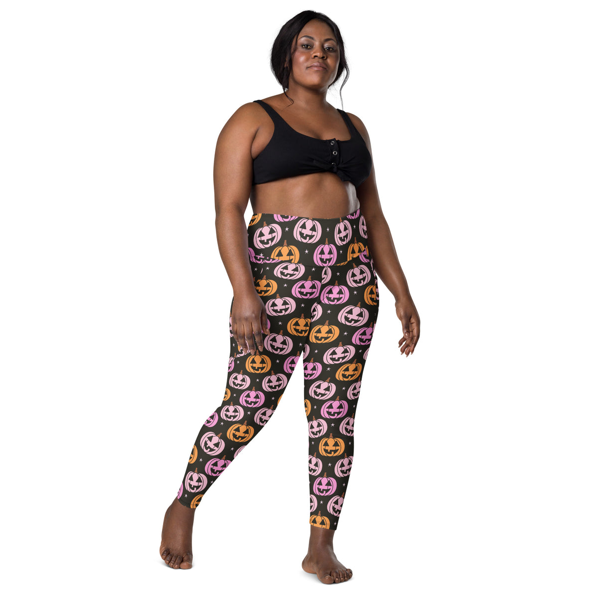 Women’s Pink Pumpkin Halloween Yoga Leggings With Pockets – High-Waisted, Soft Compression Active Pants
