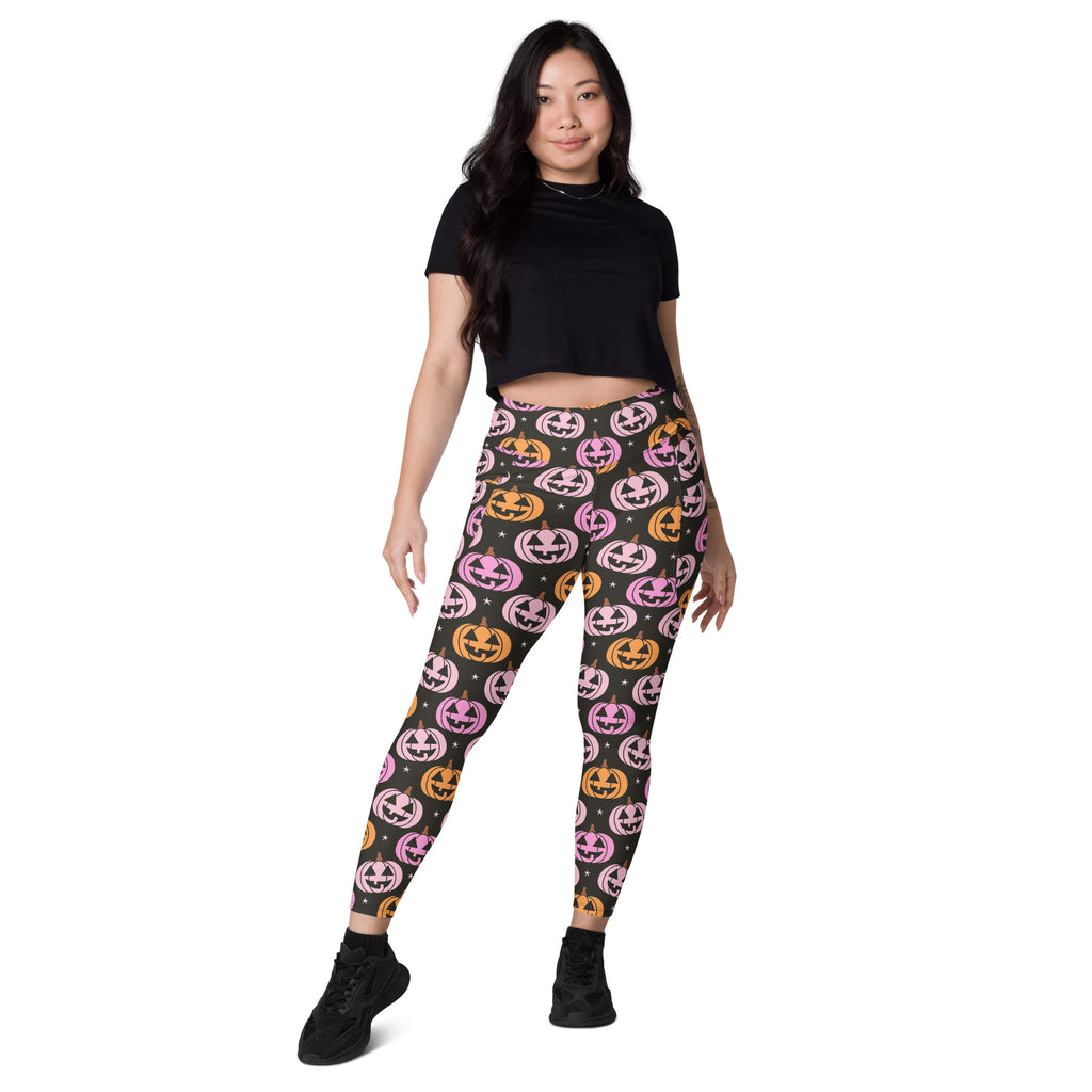 Women’s Pink Pumpkin Halloween Yoga Leggings With Pockets – High-Waisted, Soft Compression Active Pants
