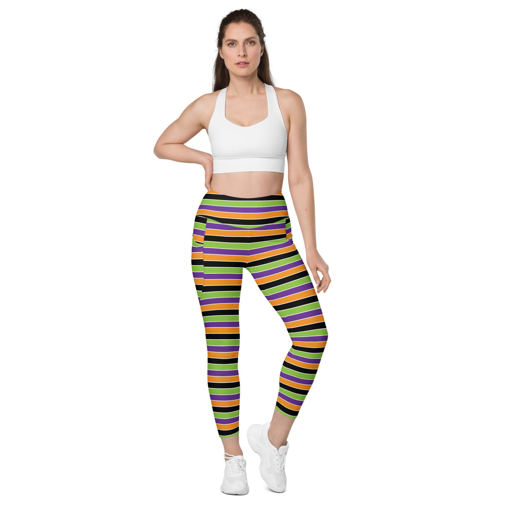 Women’s Colorful Halloween Striped Yoga Leggings With Pockets – High-Waisted, Soft Compression Active Pants