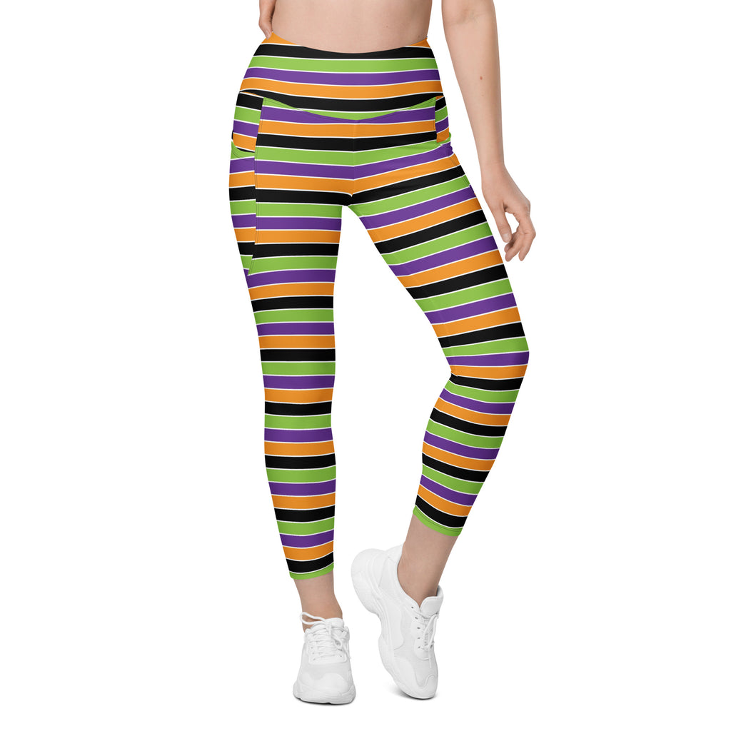 Women’s Colorful Halloween Striped Yoga Leggings With Pockets – High-Waisted, Soft Compression Active Pants