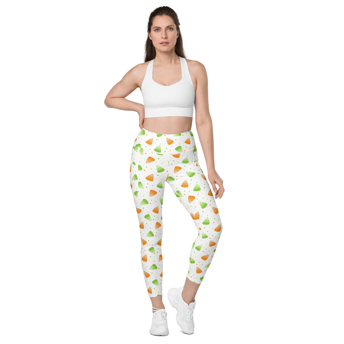 Women’s Orange & Green Candy Cane Halloween Yoga Leggings With Pockets – High-Waisted, Soft Compression Active Pants