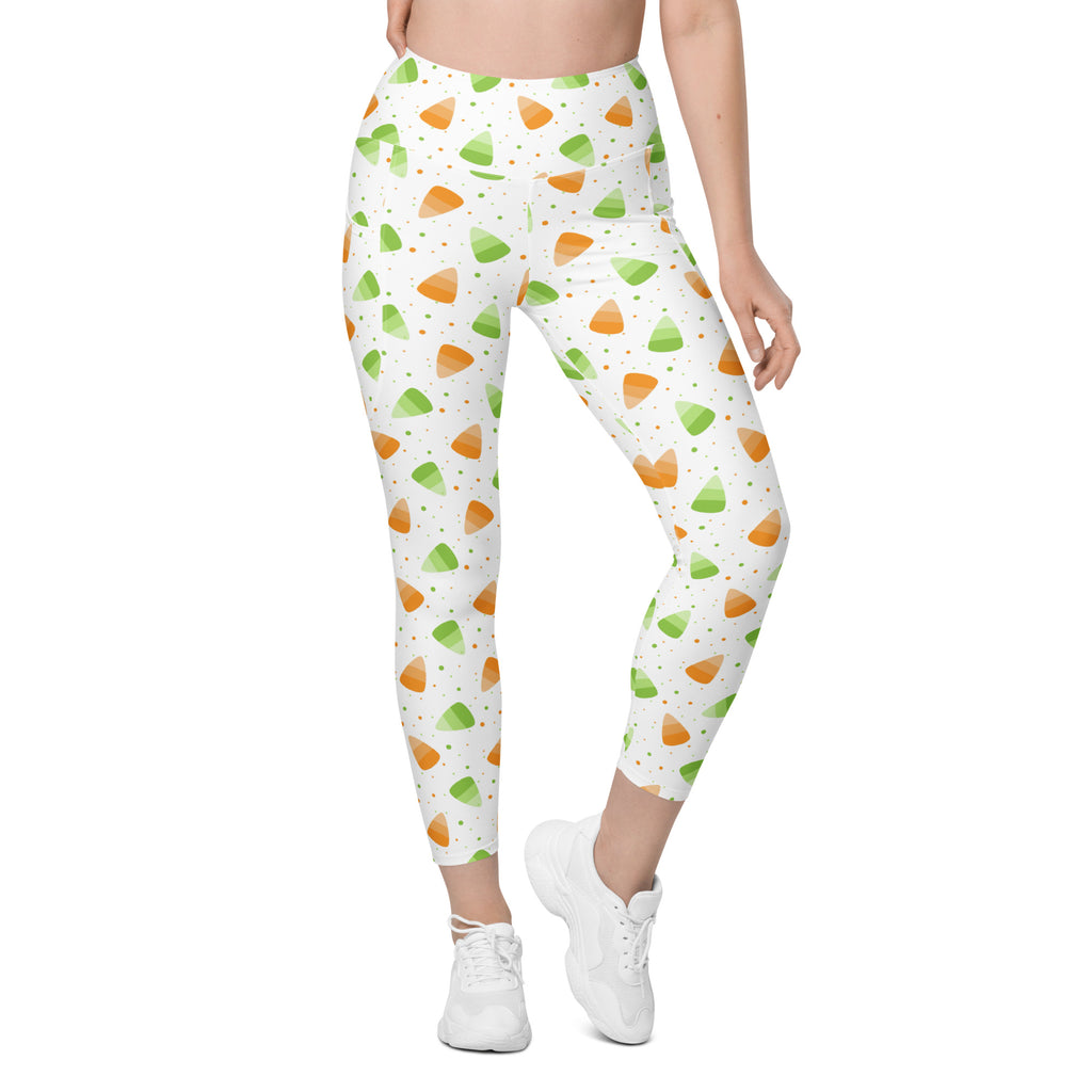 Women’s Orange & Green Candy Cane Halloween Yoga Leggings With Pockets – High-Waisted, Soft Compression Active Pants