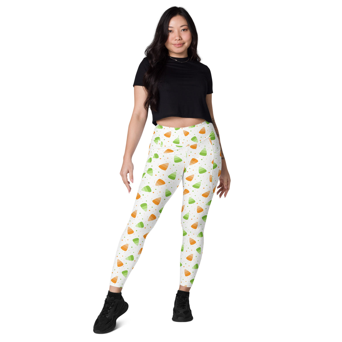Women’s Orange & Green Candy Cane Halloween Yoga Leggings With Pockets – High-Waisted, Soft Compression Active Pants