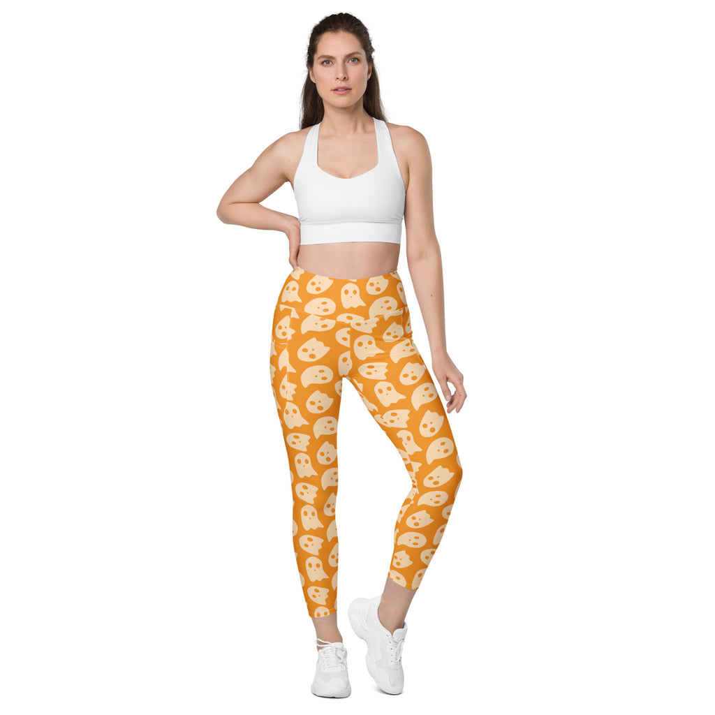 Women’s Orange Ghost Halloween Yoga Leggings With Pockets – High-Waisted, Soft Compression Active Pants