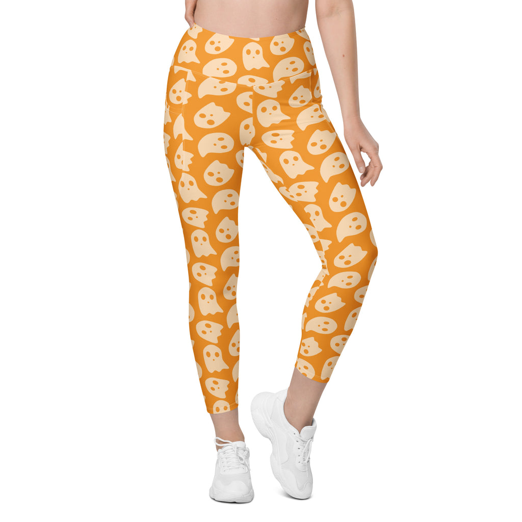 Women’s Orange Ghost Halloween Yoga Leggings With Pockets – High-Waisted, Soft Compression Active Pants