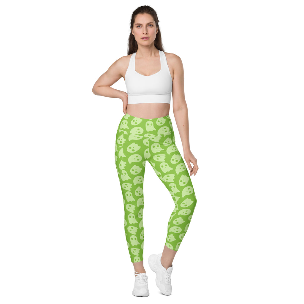 Women’s Green Ghost Halloween Yoga Leggings With Pockets – High-Waisted, Soft Compression Active Pants