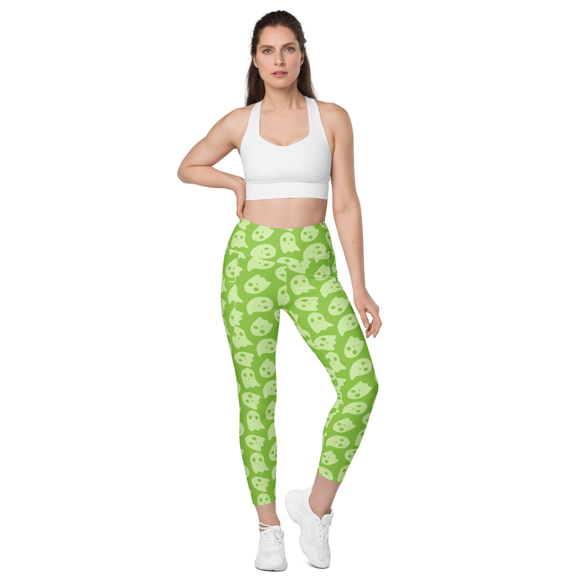 Women’s Green Ghost Halloween Yoga Leggings With Pockets – High-Waisted, Soft Compression Active Pants