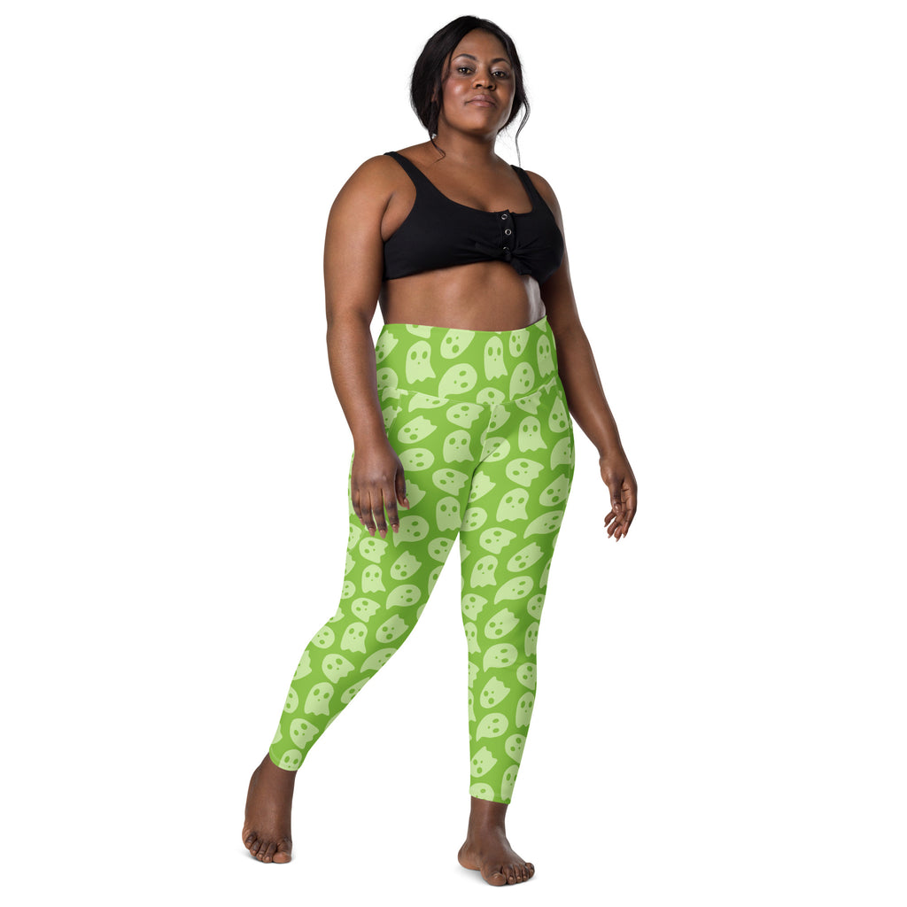 Women’s Green Ghost Halloween Yoga Leggings With Pockets – High-Waisted, Soft Compression Active Pants