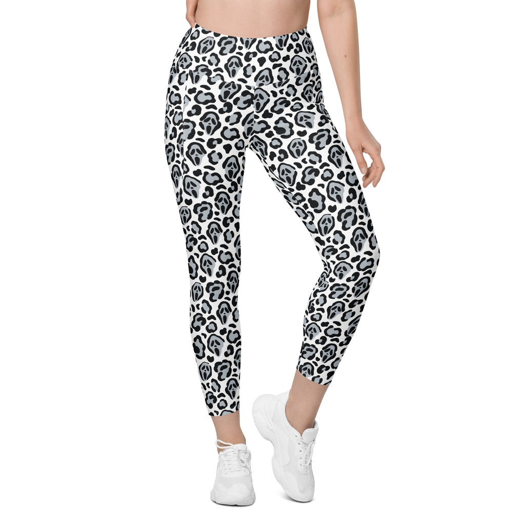 Women’s Ghost Face Leopard Yoga Leggings With Pockets – High-Waisted, Soft Compression Active Pants
