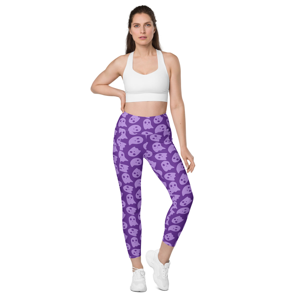 Women’s Purple Ghost Halloween Yoga Leggings With Pockets – High-Waisted, Soft Compression Active Pants