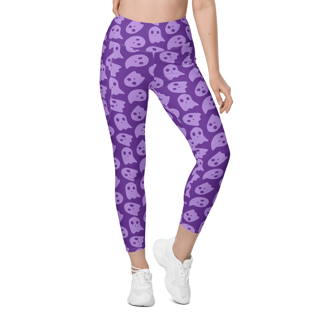 Women’s Purple Ghost Halloween Yoga Leggings With Pockets – High-Waisted, Soft Compression Active Pants