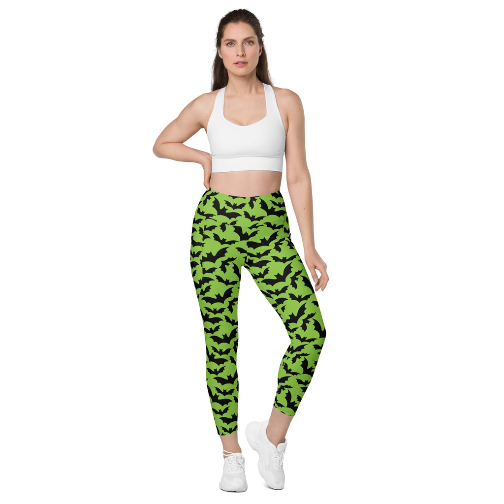 Women’s Halloween Green Bats Yoga Leggings With Pockets – High-Waisted, Soft Compression Active Pants