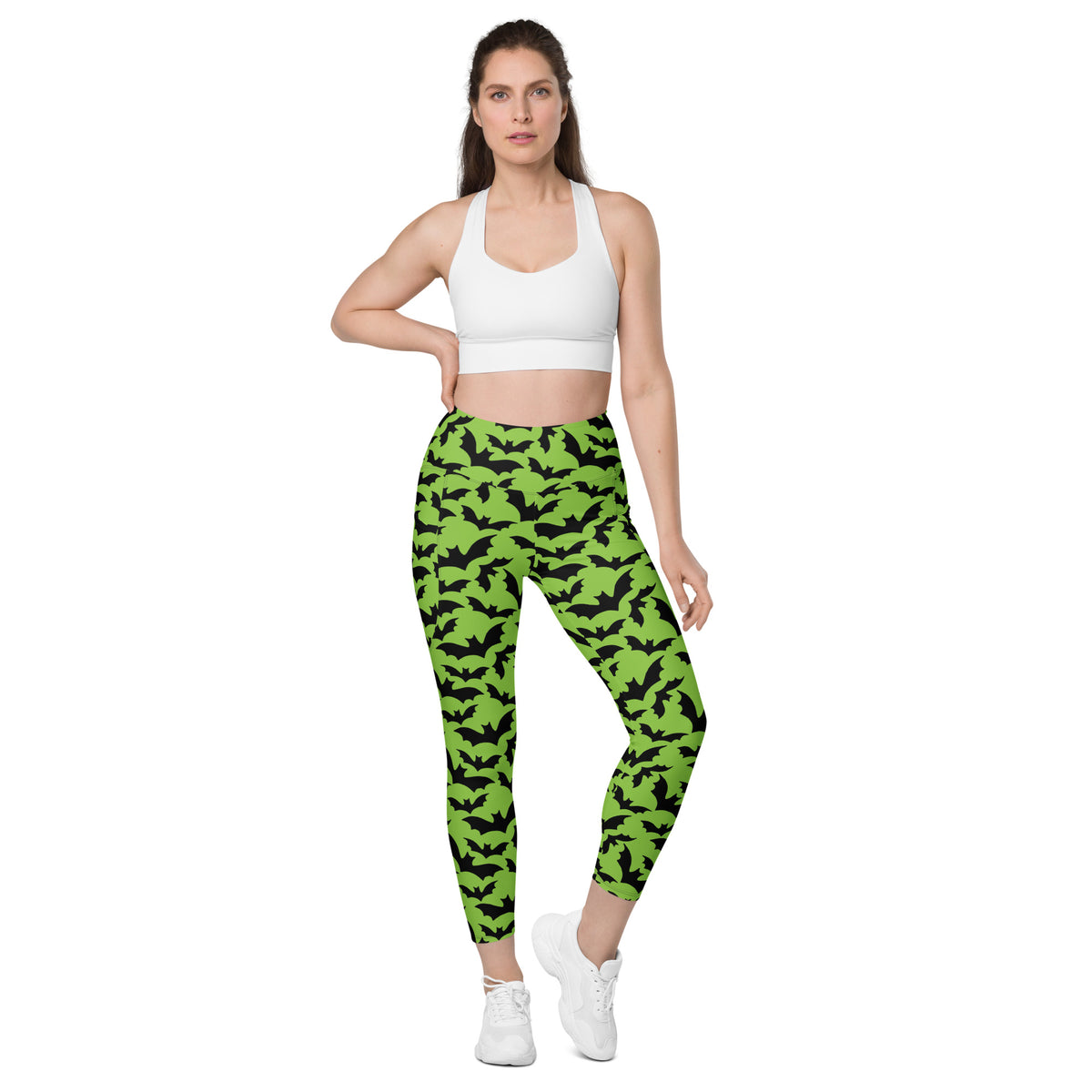 Women’s Halloween Green Bats Yoga Leggings With Pockets – High-Waisted, Soft Compression Active Pants