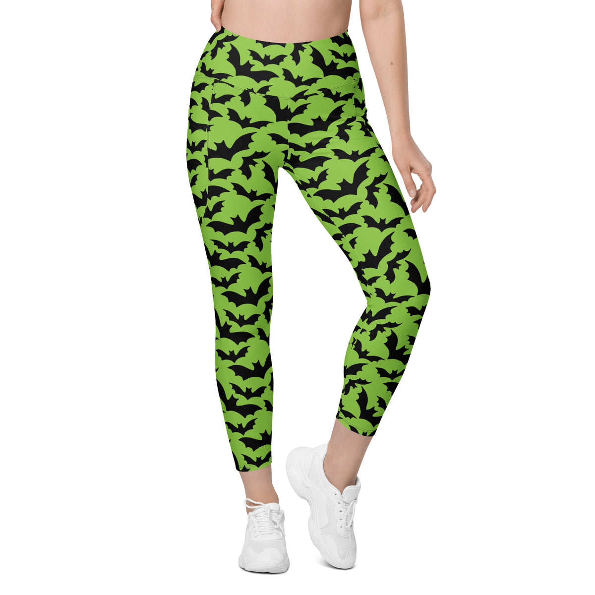 Women’s Halloween Green Bats Yoga Leggings With Pockets – High-Waisted, Soft Compression Active Pants