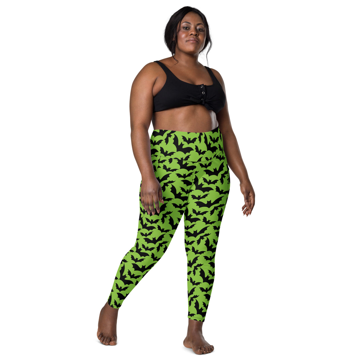 Women’s Halloween Green Bats Yoga Leggings With Pockets – High-Waisted, Soft Compression Active Pants