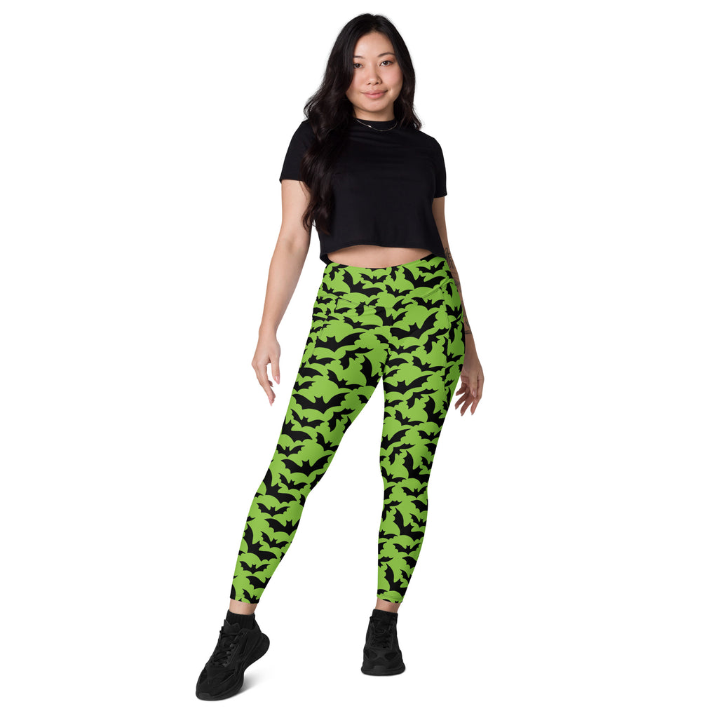 Women’s Halloween Green Bats Yoga Leggings With Pockets – High-Waisted, Soft Compression Active Pants