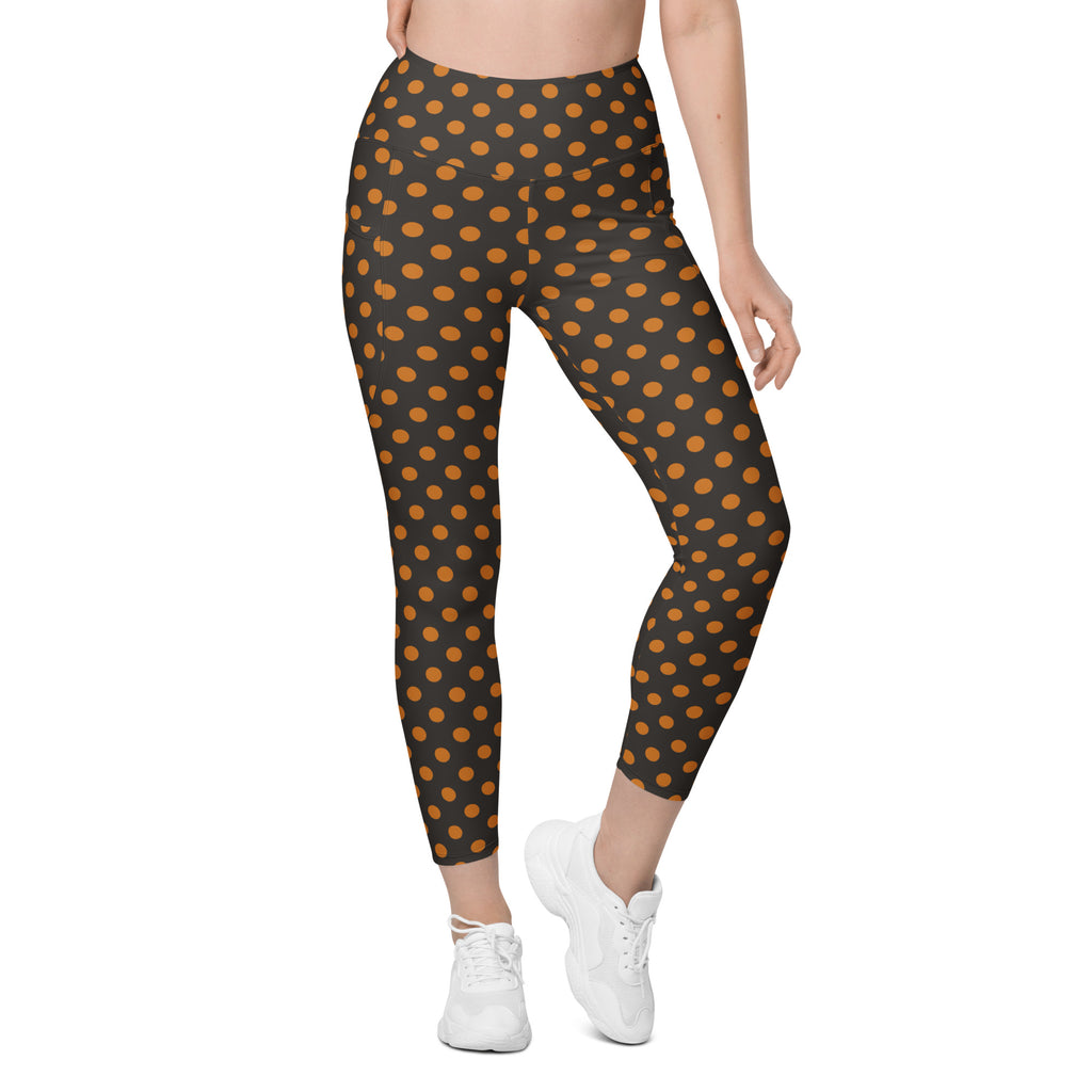 Women’s Dark Orange Polka Dot Halloween Yoga Leggings With Pockets – High-Waisted, Soft Compression Active Pants