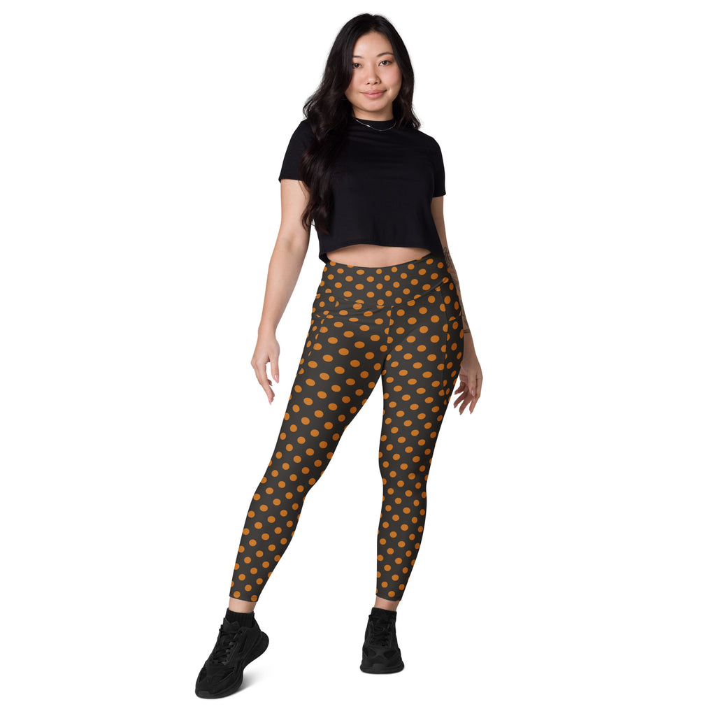 Women’s Dark Orange Polka Dot Halloween Yoga Leggings With Pockets – High-Waisted, Soft Compression Active Pants