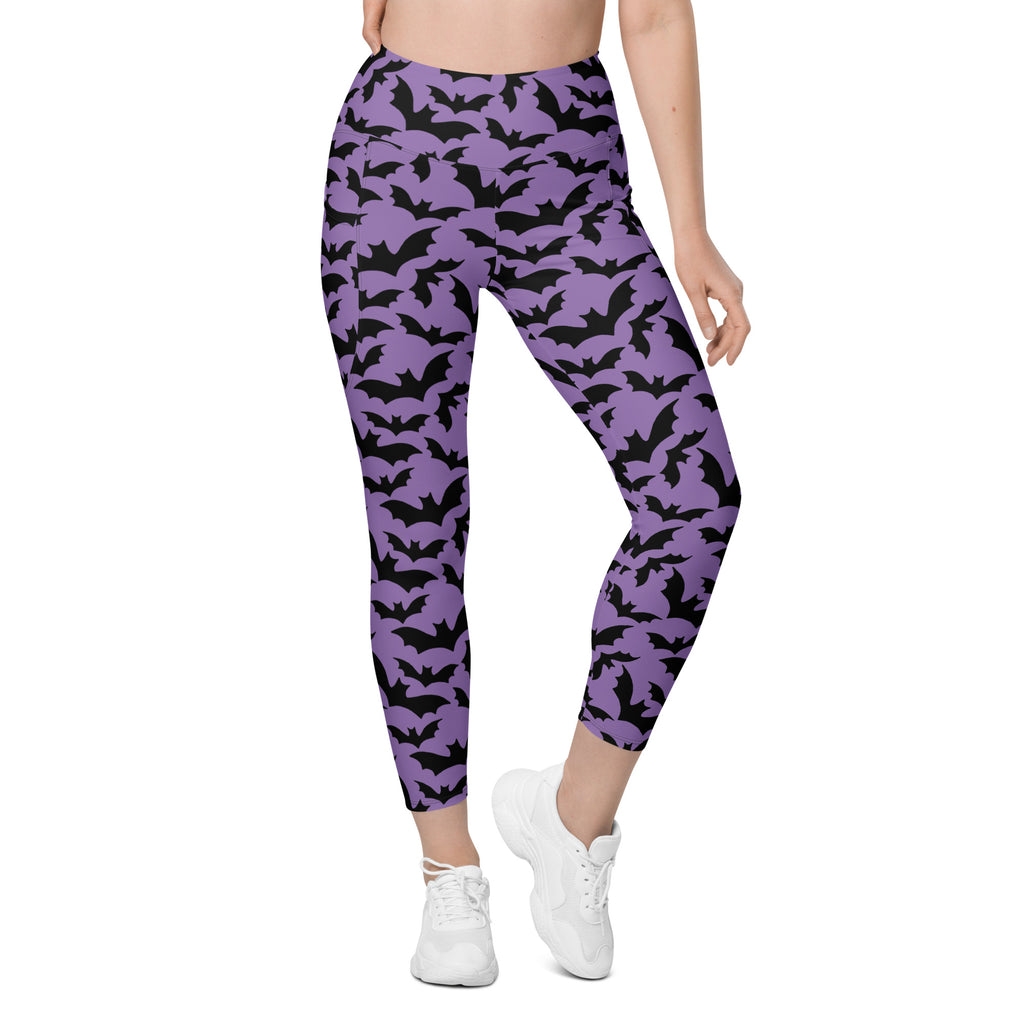 Women’s Halloween Purple Bats Yoga Leggings With Pockets – High-Waisted, Soft Compression Active Pants