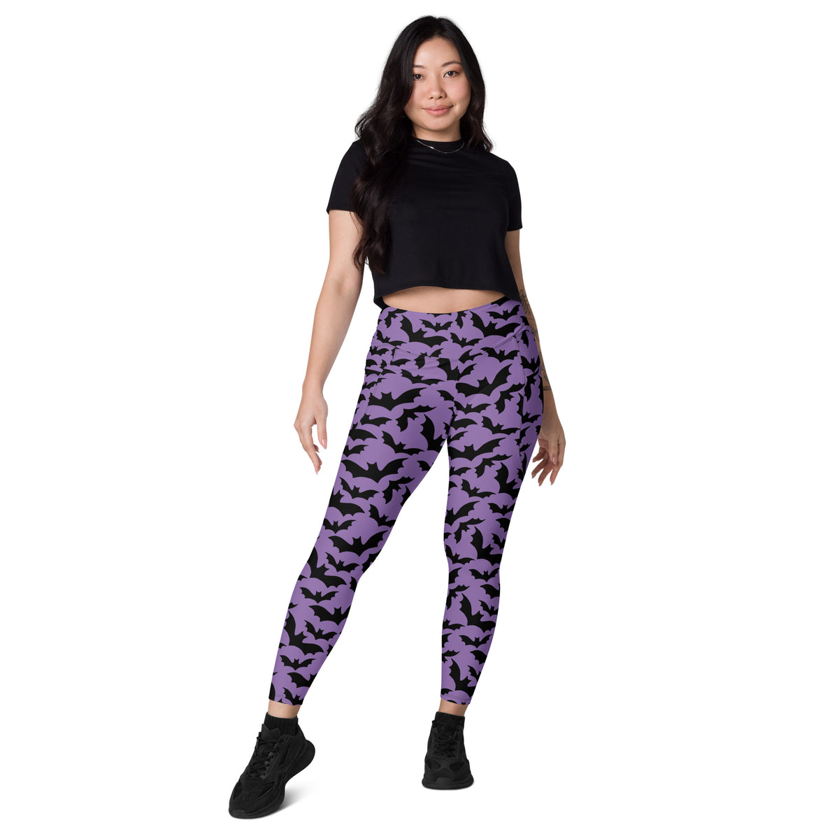 Women’s Halloween Purple Bats Yoga Leggings With Pockets – High-Waisted, Soft Compression Active Pants