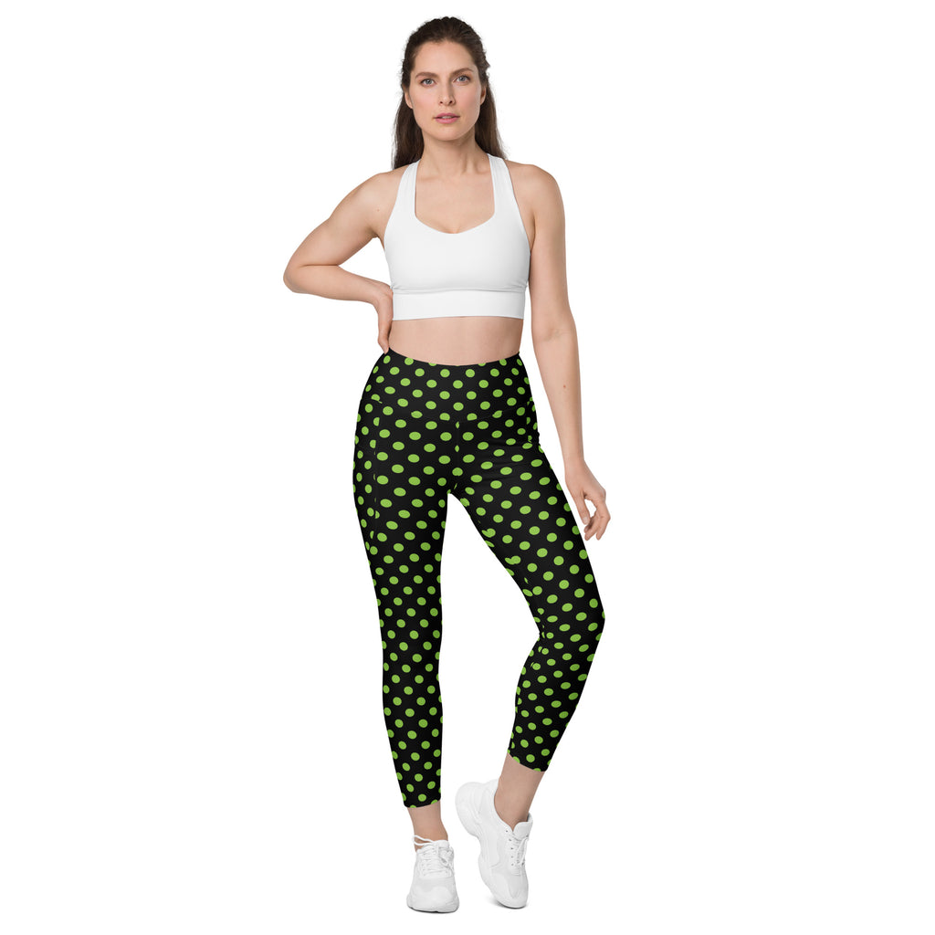 Women’s Green Polka Dot Halloween Yoga Leggings With Pockets – High-Waisted, Soft Compression Active Pants