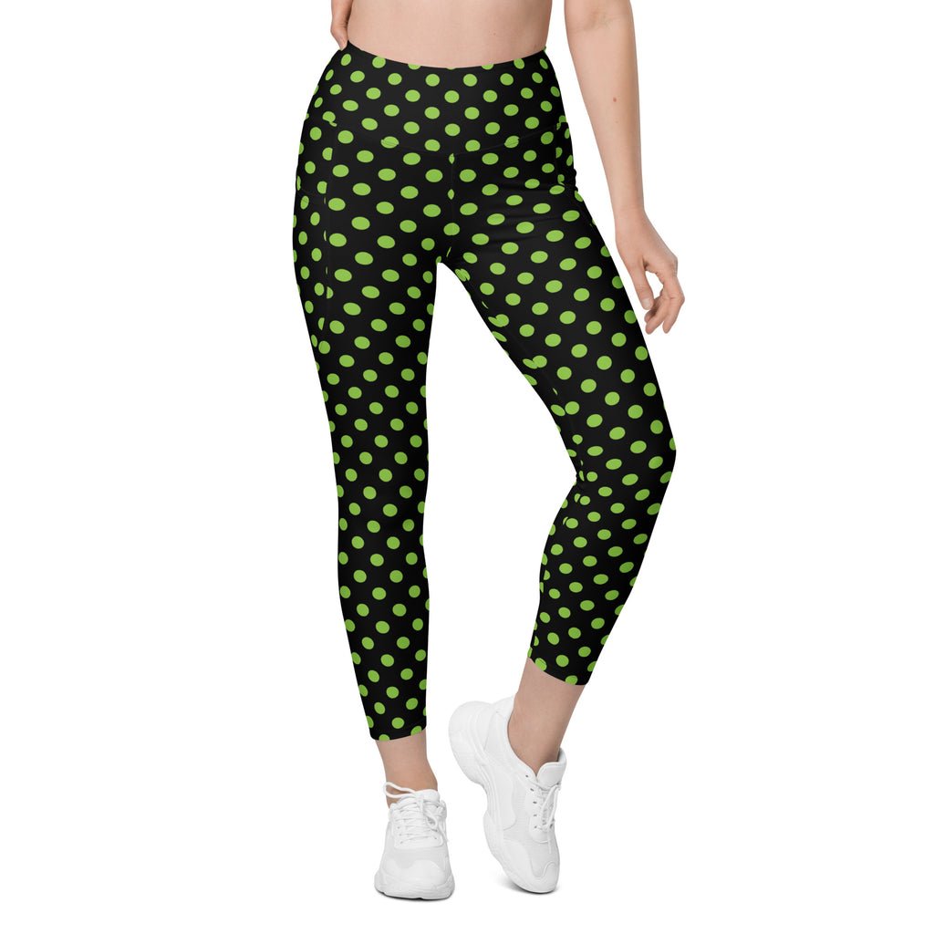 Women’s Green Polka Dot Halloween Yoga Leggings With Pockets – High-Waisted, Soft Compression Active Pants