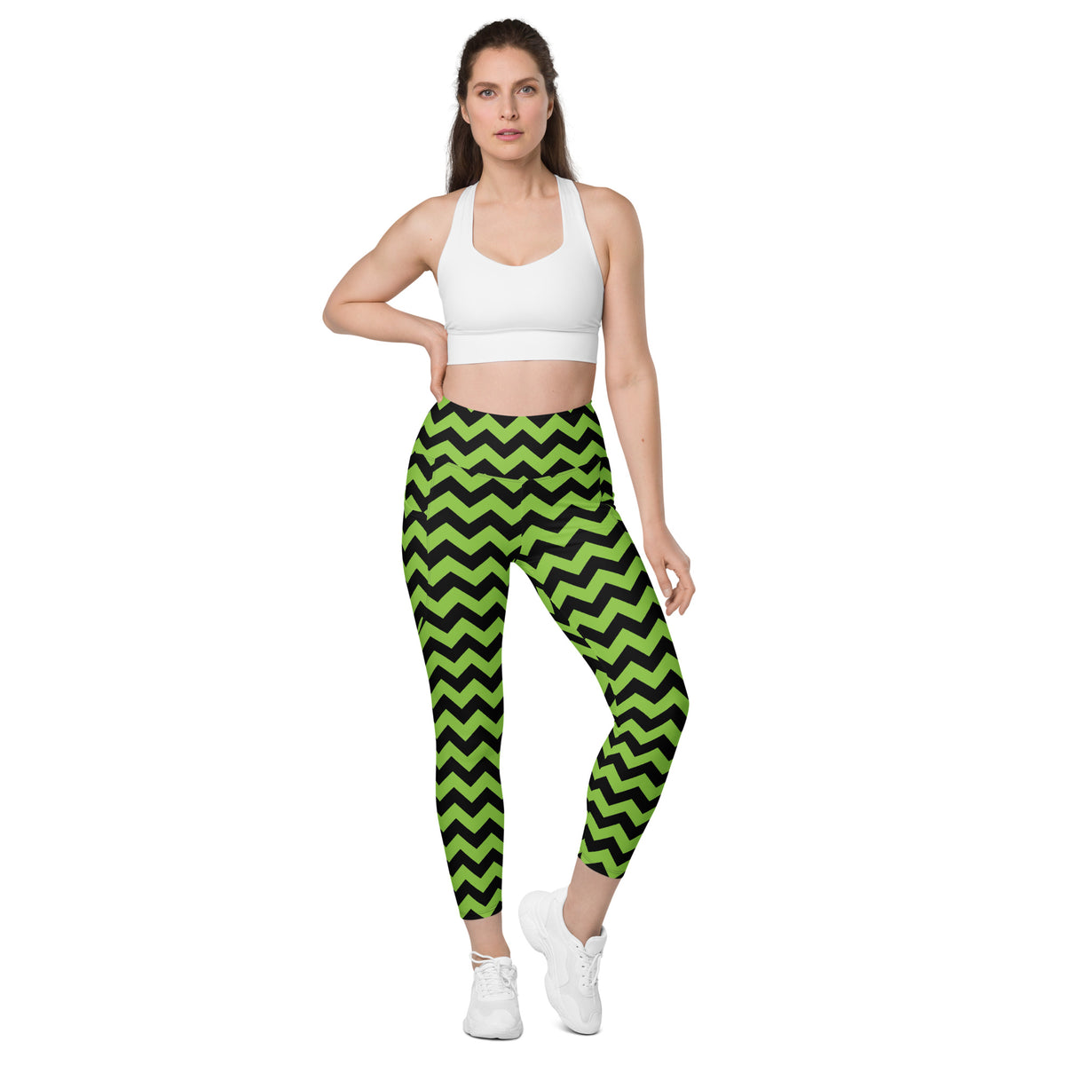 Women’s Green Chevron Halloween Yoga Leggings With Pockets – High-Waisted, Soft Compression Active Pants