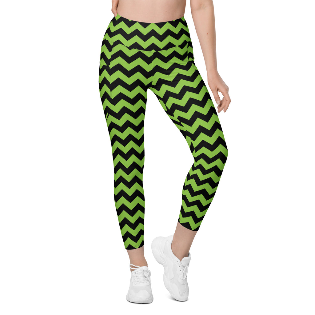 Women’s Green Chevron Halloween Yoga Leggings With Pockets – High-Waisted, Soft Compression Active Pants
