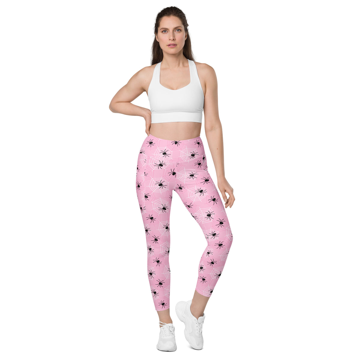 Women’s Pink Spider Web Halloween Yoga Leggings With Pockets – High-Waisted, Soft Compression Active Pants
