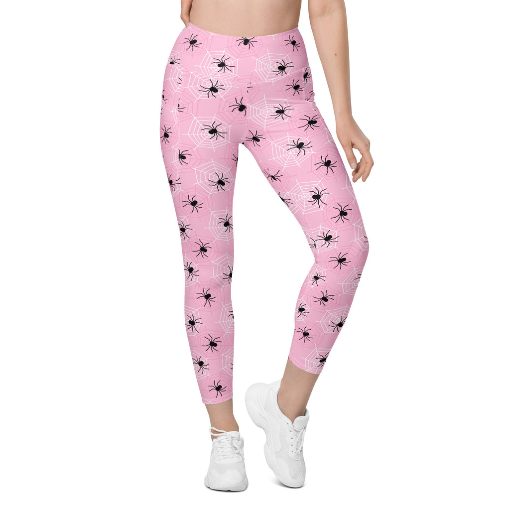 Women’s Pink Spider Web Halloween Yoga Leggings With Pockets – High-Waisted, Soft Compression Active Pants