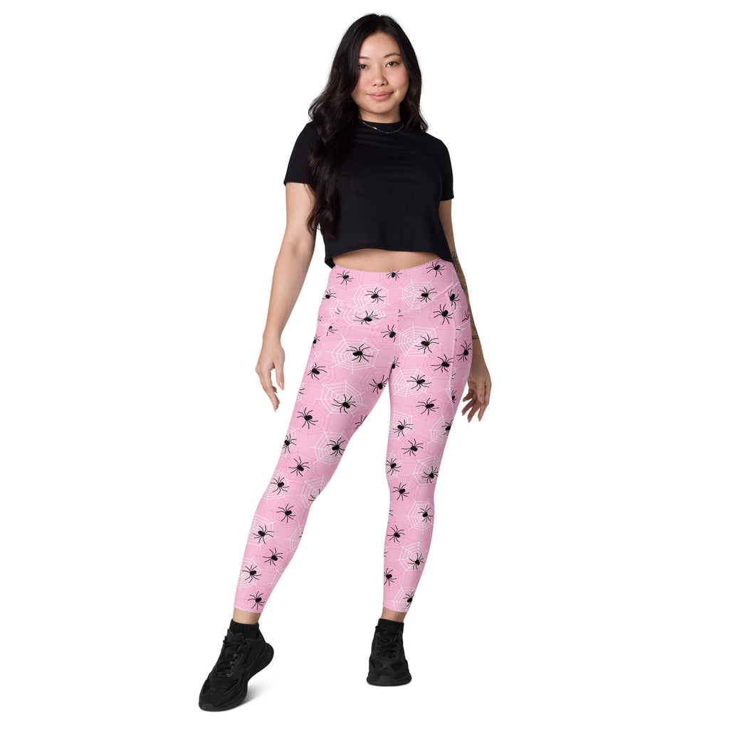 Women’s Pink Spider Web Halloween Yoga Leggings With Pockets – High-Waisted, Soft Compression Active Pants