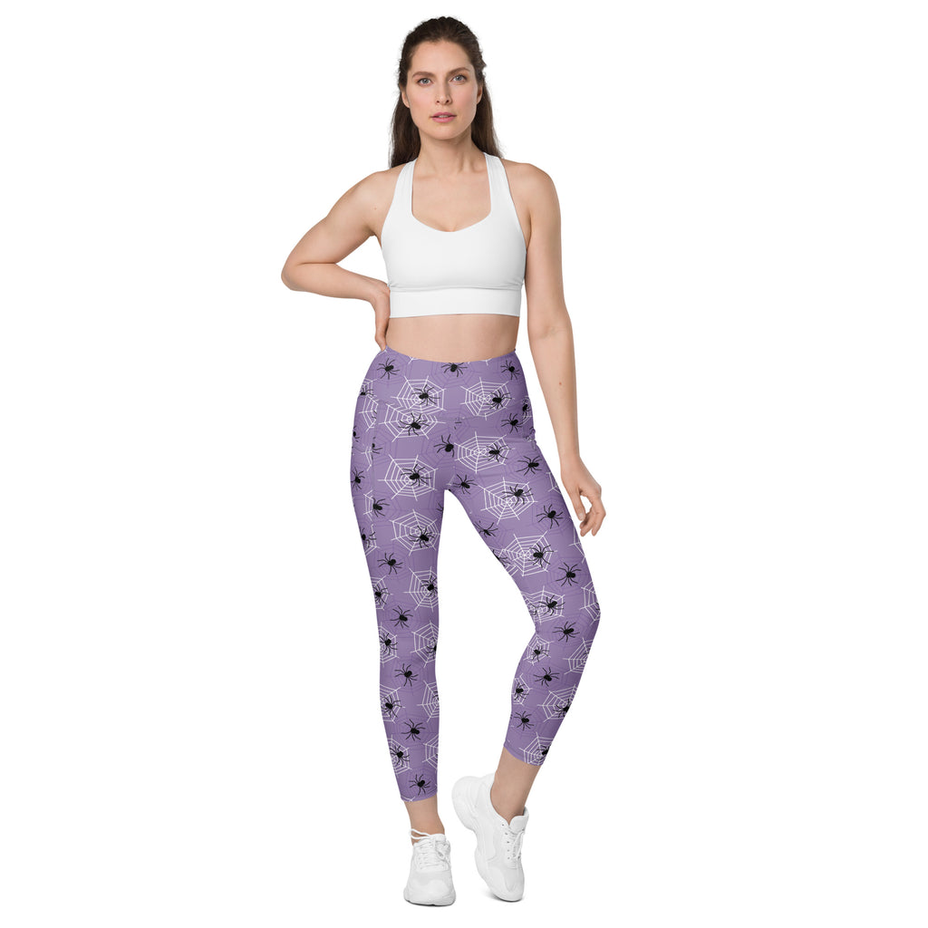 Women’s Dark Purple Spider Web Halloween Yoga Leggings With Pockets – High-Waisted, Soft Compression Active Pants