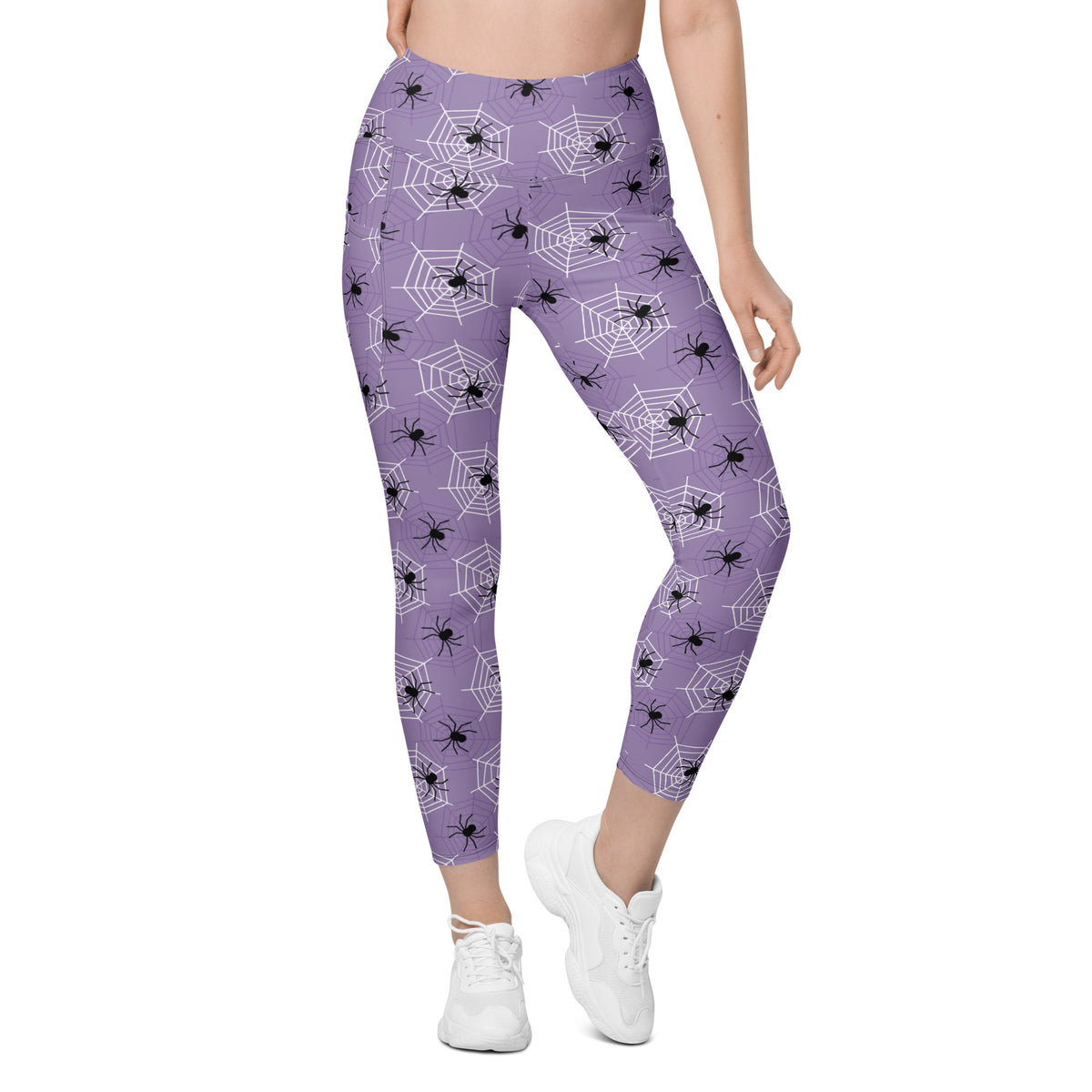 Women’s Dark Purple Spider Web Halloween Yoga Leggings With Pockets – High-Waisted, Soft Compression Active Pants