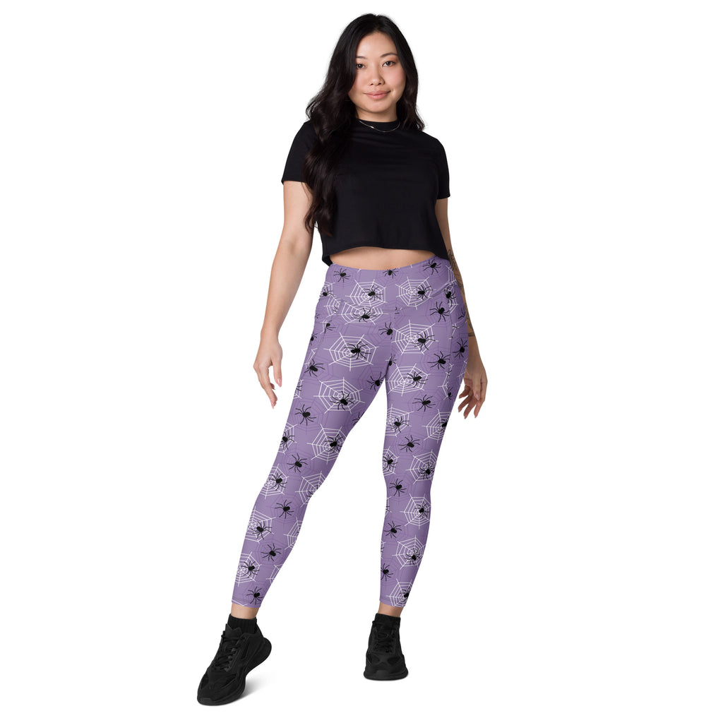 Women’s Dark Purple Spider Web Halloween Yoga Leggings With Pockets – High-Waisted, Soft Compression Active Pants