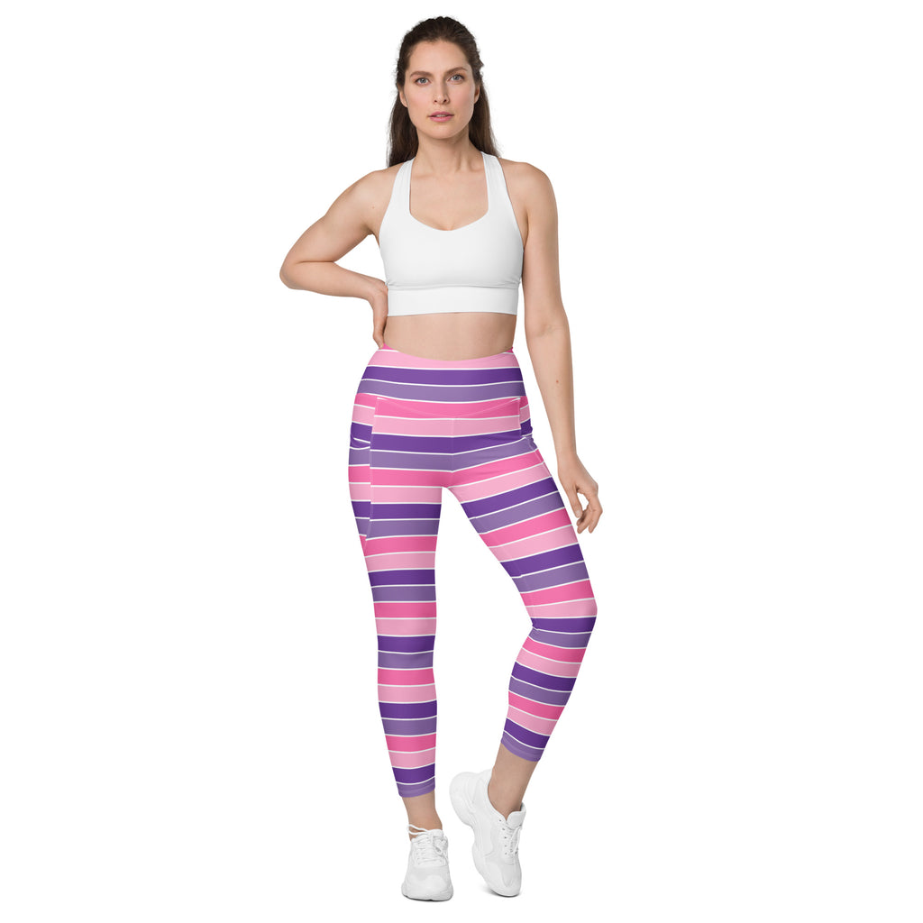 Women’s Pink & Purple Striped Yoga Leggings With Pockets – High-Waisted, Soft Compression Active Pants